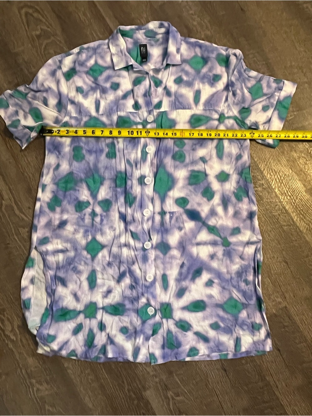 River Island Studio Short-Sleeve Button-Down Tunic in Purple & Green Tie-Dye